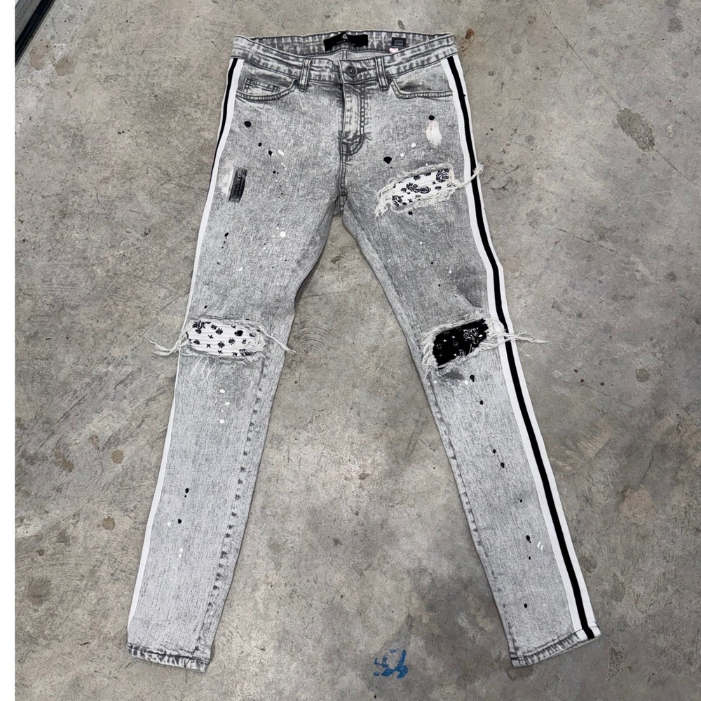 Focus Jeans Gray Distressed Paisley Patch Side Stripe Mens 30x30 Streetwear Slim